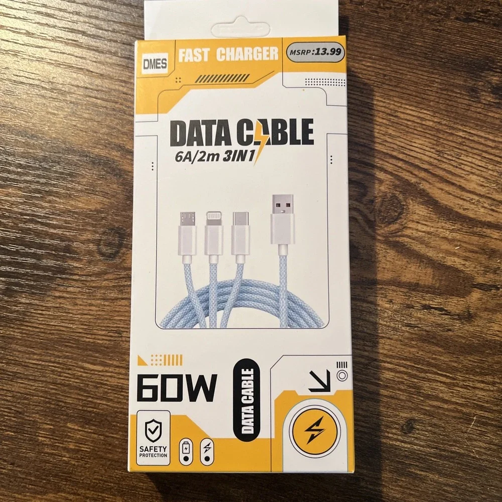 DMES 3-in-1 Fast Charging Cable 2m 60W USB-C Micro-USB Lightning Blue NEW